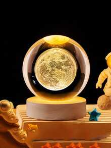 1个USB供电3D水晶球LED夜灯,带木质底座,家居及房间装饰夜灯,太阳系、月亮、星系、土星图案3D夜灯,室内桌面装饰灯,情人节及生日礼物,送给朋友和同学 - 黃色 - 查看 3