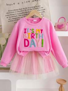 2pcs Girls Casual Outfit, Long Sleeve Sweatshirt With Embroidered Letter & Colorful Mesh Skirt, Soft & Comfortable Fabric, Fashionable Outdoor, Sports, Party Wear - 粉色 - 查看 1