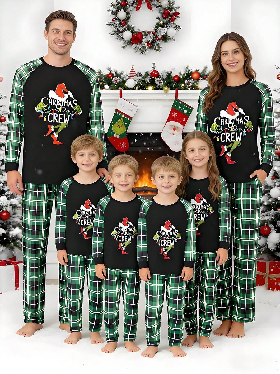 Christmas Family Pajama Set, Featuring A Green Monster Print Long-Sleeved Top And Plaid Pants. Christmas Loungewear, Christmas Parent-Child Outfits, Christmas Pajamas. - 綠色 - 查看 1