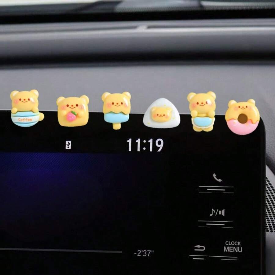 AD 6件套可爱彩虹熊汽车仪表盘装饰摆件，创意电脑显示器/显示屏配件，汽车内饰装饰 - 小熊雪糕 - 查看 1