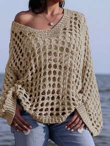 Summer Resort Loose Knit Pullover Sweater With Cutouts - Khaki - View 1