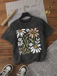 女士夏季纯棉服装，女士休闲日常雏菊印花短袖圆领T恤，休闲简约水洗做旧圆领短袖T恤，适合日常街头穿搭、旅行穿着，夏季女士上衣。复古T恤，送给她的礼物。黑色 - 黑色 - 查看 1