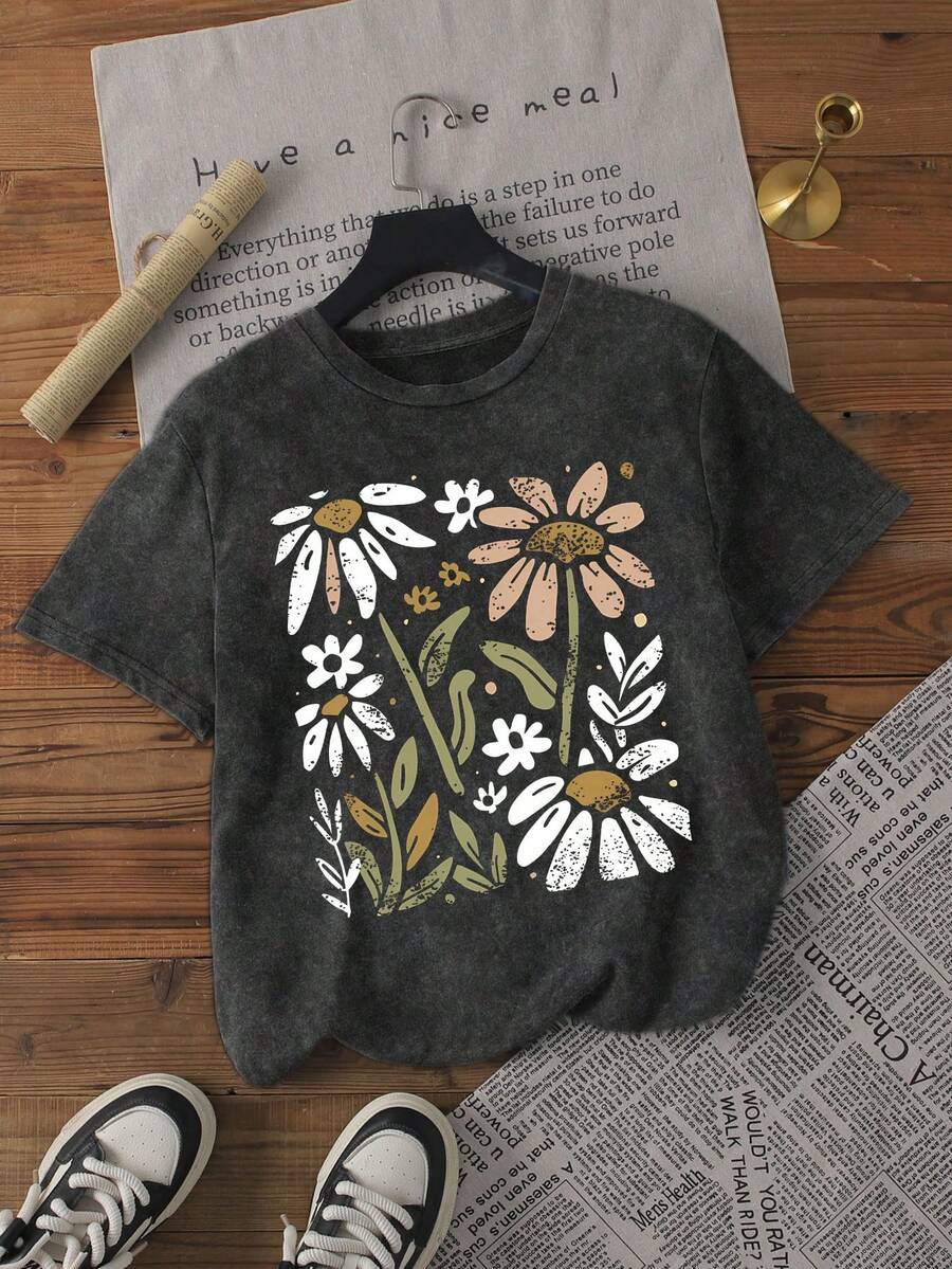 女士夏季纯棉服装，女士休闲日常雏菊印花短袖圆领T恤，休闲简约水洗做旧圆领短袖T恤，适合日常街头穿搭、旅行穿着，夏季女士上衣。复古T恤，送给她的礼物。黑色 - 黑色 - 查看 1