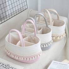 1pc Handmade Large Baby Diaper Basket, Toy Storage Bin, Woven Divided Portable Tote With Tassels - Multicolor - View 6