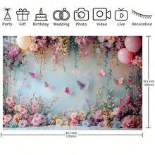 1 Pancarta decorativa de fiesta con rosa rosa, mariposa y flores - Decoración de tela de poliéster ligera, adecuada para cumpleaños, bodas, cafés y decoración del hogar. No se requiere energía, fácil de colgar en interiores o exteriores. Decoración de evento de estilo soñador, disponible en varios tamaños. - Multicolor - Ver 5