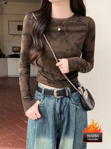 Double-Sided Velvet Tie Dye Pleated Base Layer Soft & Elegant Women's Long Sleeve Top, Winter 2025 - 250 Brown - View 1