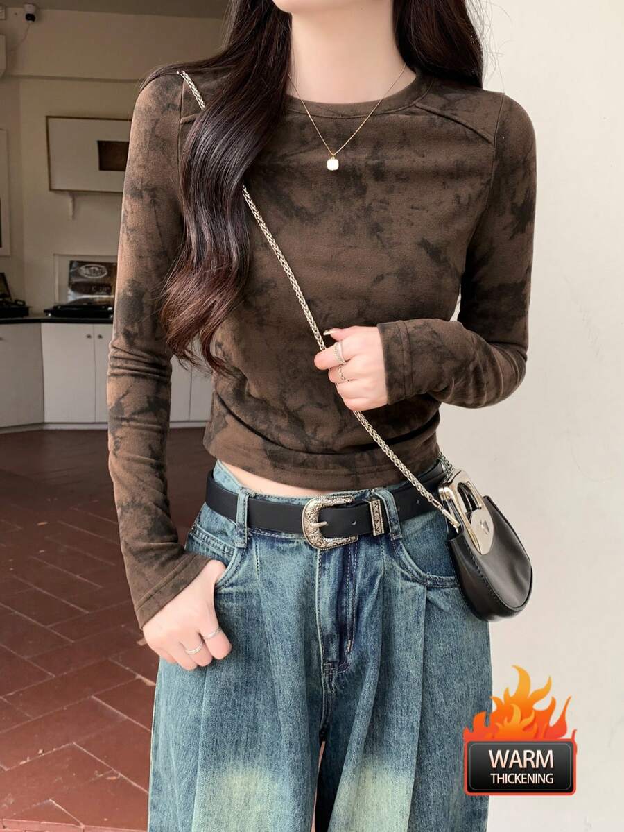 Double-Sided Velvet Tie Dye Pleated Base Layer Soft & Elegant Women's Long Sleeve Top, Winter 2025 - 250 Brown - View 1