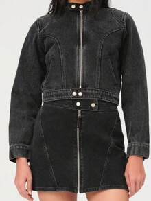 1pc Solid Color Denim Zip Pocket Denim Jacket, Cropped Length, All Cotton Vintage Washed Distressed Motorcycle Style, Suitable For Y2K, Daily, Birthday Party, Back To School Party, Stage And Concert, Spring/Summer/Autumn/Winter - Black - View 4