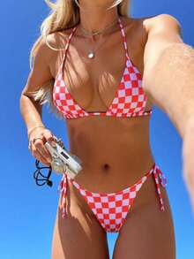 Bộ bikini thắt dây lưng họa tiết kẻ sọc hồng mới thời trang gợi cảm cho kỳ nghỉ bãi biển dành cho nữ - Hồng - Xem 3