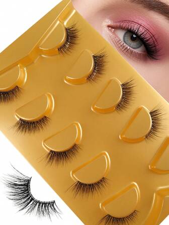 Hinarin 5对C型卷翘透明半截假睫毛，纤长轻盈，打造狐狸眼/猫眼妆效，末端柔软，3D立体分层仿貂毛假睫毛，适合初学者的化妆工具