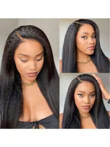 34inches Natural Black Kinky Straight 13x4 Lace Front Wigs HD Human Blended Hair With Curly Baby Hair For Woman 180% Density Pre Plucked Italian Yaki Lace Front Human Blended Hair Wigs Kinky Edges Hairline Natural Hairline8-36 Inches - Natural & Black - View 3