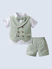 BOARNSEORL 2 pezzi Completo da Ragazzo Elegante - Camicia a Maniche Corte con Fiocco e Pantaloncini Verde Chiaro, Stile Adatto per Feste di Compleanno, Matrimoni, Occasioni Formali - Verde - Visualizzare 1
