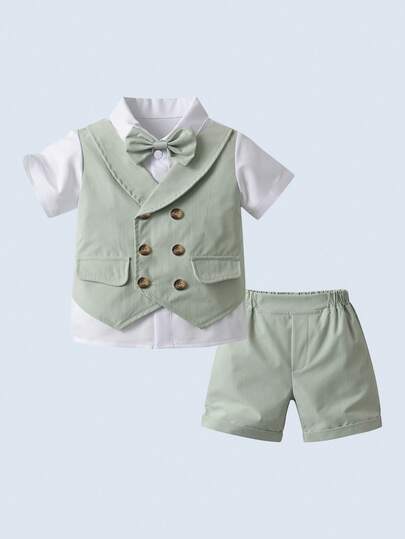 BOARNSEORL 2 件套年轻男孩绅士服装 - 蝴蝶结短袖衬衫和浅绿色短裤，时尚适合生日派对、婚礼、正式场合