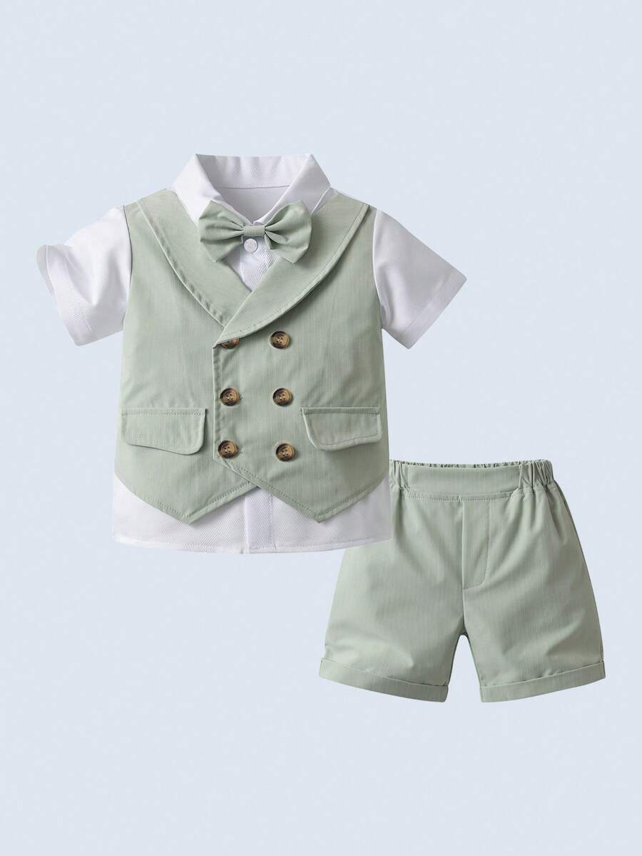 BOARNSEORL 2 pezzi Completo da Ragazzo Elegante - Camicia a Maniche Corte con Fiocco e Pantaloncini Verde Chiaro, Stile Adatto per Feste di Compleanno, Matrimoni, Occasioni Formali - Verde - Visualizzare 1