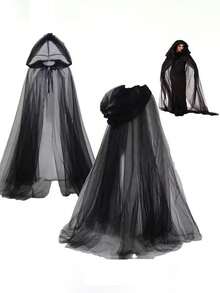 Unisex Long Black Sheer Hooded Cloak, Suitable As Witch Costume For Halloween, Fashionable And Chic - Black - View 8