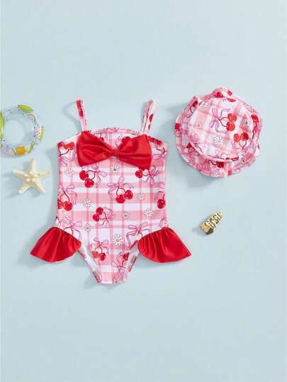 Conjunto de traje de baño para niña pequeña con lazo de flores y tirantes finos, traje de baño de 2 piezas con sombrero para playa y piscina