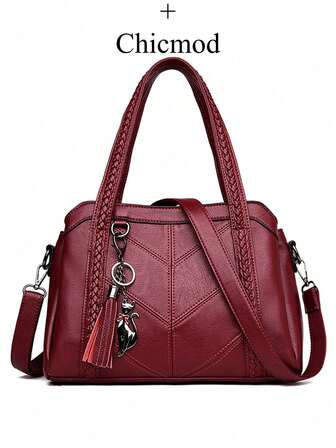 1pc Luxury Stitching Handbag For Women, Fashion PU Leather Satchel Purse, Large Capacity Crossbody Bag With Tassel Pendant, Solid Color Crossbody Bag, Perfect Handbag For Everyday UseSuitable For Shopping, Wallet, Shopping, Young Women, College Students, Newcomers, White-Collar Workers. Very Suitable For Office, College, Work, Business, Commuting, Outdoor Activities, Travel And Outings