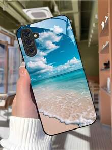 Blue Ocean Beach Tempered Glass Phone Case Suitable For Compatible With Samsung Galaxy S25/24/23/22/21 Ultra/FE/+,A71/56/55/54/53/52/36/35/34/32/26/25/24/23/16/15/14,As Well As IPhone17,16, 15, 14, 13, 12, 11, PRO MAX,PLUS,Air,Fashion Creative Design New Mobile Phone Case - 彩色 - 查看 2