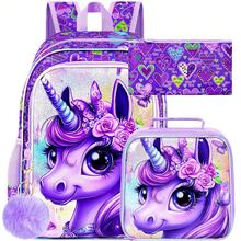 3 pièces Sac à dos pour enfants, sac à dos et boîte à lunch licorne de 16 po pour filles, avec un motif mignon de licorne et de papillon - Sac à dos - Voir 13