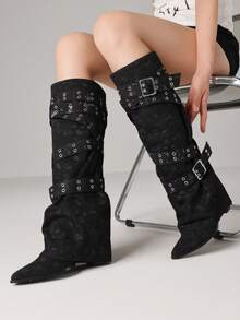 Women's Knee High Boots Wide Calf Buckle Strap Boots Point Toe Chunky Heel Riding Boots Punk Fold Over Gothic Boots For Outdoor Party Retro Vintage Riding Boot Christmas Gift - Black - View 5