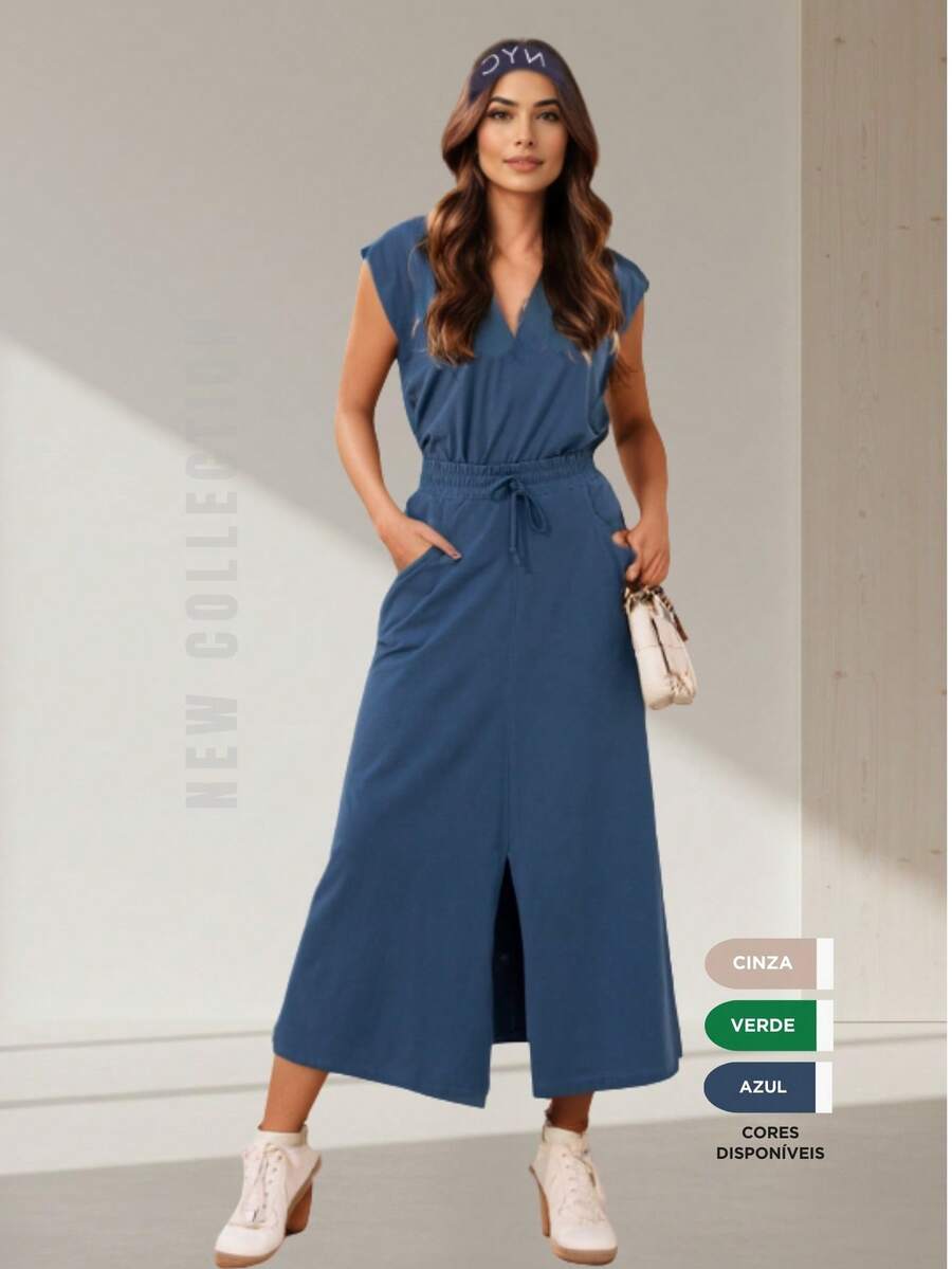 Conjunto Feminino Algodão Saia Midi e Blusa Decote V Estilosa