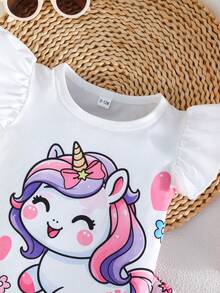 Baby Girl Summer Short Sleeve Ruffle Sleeve Unicorn & Bow Print Round Neck T-Shirt And Ruffle Hem Shorts Set - Pink - View 3