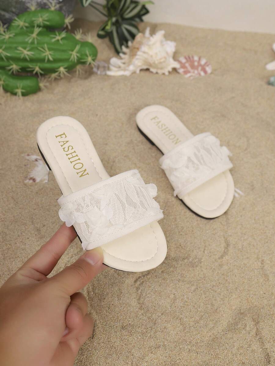 1 Pair Girls' Pink Lace Flower Sandals, Toddler Soft Bottom Anti-Slip Open Toe Slippers, Children Sweet Style Outdoor Sandals - White - View 1