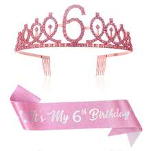 2pcs/Set 4th 5th 6th 7th 8th 9th 10th 12th 13t 16th Birthday Gift Party Favor Rhinestone Crown Jewelry Peony Ribbon Number Etiquette Rose Flower Shoulder Strap Onion Powder Cloth Belt Holiday Dress Up Set Fashion Number Delicate Crown Tiara Hair Accessories It's My Birthday For Pink - Rose Gold - View 3