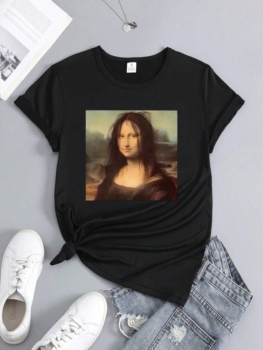 Camiseta Casual de Poliéster para Mujer con Estampado "Messy Hair Mona Lisa", Cuello Redondo, Elasticidad Media, Transpirable y de Secado Rápido, Top para Todas las Temporadas, Ideal para Actividades al Aire Uso Diario - Negro - Ver 1
