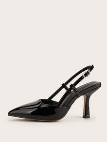 Black Glossy Pointed Toe High Heel Pumps With Ankle Strap, Versatile For Daily Wear, Banquet, Party, Fashion - Black - View 4