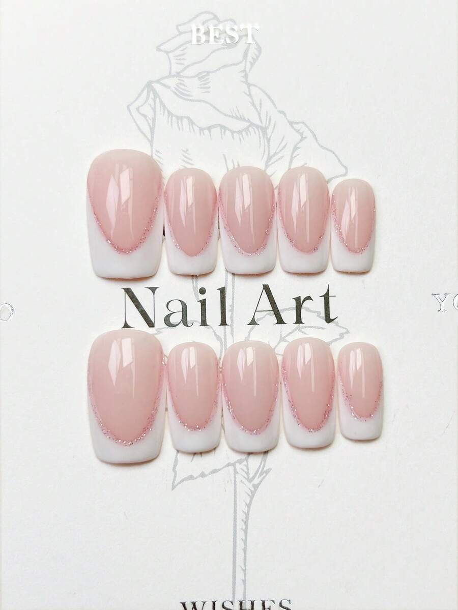 10片手工方形亚克力美甲贴片，中号，极简粉色美甲，V形白色法式美甲，闪粉镶边，前卫优雅简约春季美甲，夏季美甲贴片，冬季假指甲，节日美甲，圣诞节美甲，派对日常及约会适用，海滩热带度假风，DIY美甲，适合女性和女孩作为礼物，美甲用品，手工美甲贴片 - 彩色 - 查看 1