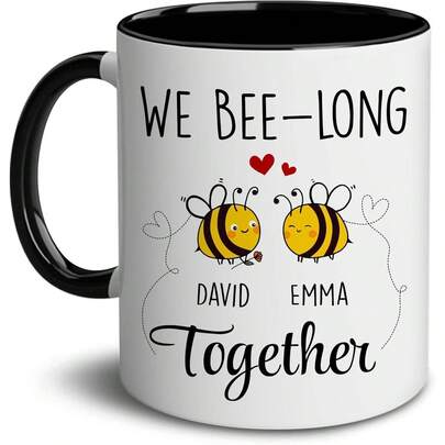 1pc Personalized We Bee-Long Together Mug With Name, 11oz Custom Anniversary Gift Mug, Custom Valentine Day Romantic Present, Valentine's Day Mug, Gifts For Girlfriend, Boyfriend, Wife, Wedding, Birthday, Christmas Gift