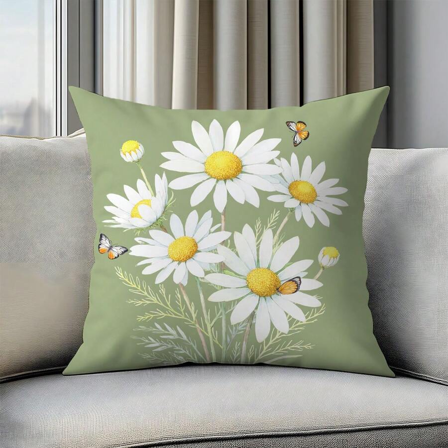 1 Stück einfacher weißer Gänseblümchen Kissenbezug, einseitiger Muster auf weichem Pfirsich-Samt, 40*40/45*45/50*50 cm Kissenbezug geeignet für Innenraum, Wohnzimmer, Sofa Dekoration, Party Deko Kissenbezug als Geschenk, ohne Kissenfüllung - Verschiedenfarbig - Übersicht 1