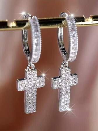Sparkling Crystal Cross Drop Earrings, Men's Hip Hop Street Style Pendant Earrings, Men's Formal Party Theme Earrings, Perfect Gift For Boyfriend