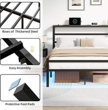 Twin/ Full/ Queen Size Bed Frame With LED Lights, Metal Bed Frame With Charging Station, Headboard Storage Shelf, Heavy Duty Metal Slats, No Box Spring Needed, Noise Free, Easy Assembly, Black ( USB LED Strip) - Black - View 6