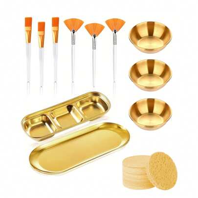 2/3/8/9/10/11/21pcs Facial Beauty Spa Care Tool Set, Stainless Steel Gold Mixing Bowl, DIY Accessories, Gold Tray, Divided Gold Tray, Face Fan Brush, Face Mask Brush, Facial Cleansing Compressed Round Sponges, Multiple Sizes Available