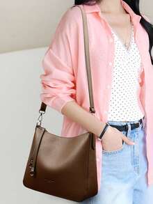 Genuine Brand Women's Soft Leather Shoulder Bag, Luxury Designer Crossbody Bag, Women's Casual Handbag, Messenger Bag, Work Bag - Coffee - View 9