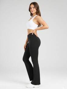 High Waist Flared Pants Daily Fitness Sports Leggings, Women Butt Lifting Yoga Leggings,Women's High-Waisted Cross Design Flared Leggings Suitable - 黑色 - 查看 5