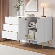 Sideboard, Living Room Cabinet With Doors And Drawers, Interior Shelves, Chest Of Drawers With Gold Handles And Legs - White - View 2