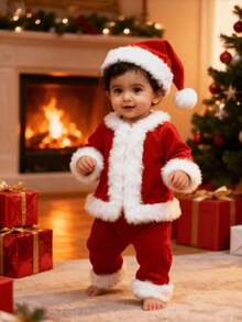 3件套婴儿圣诞服装（帽子+上衣+裤子），婴儿圣诞服装，新生儿圣诞礼物，家庭圣诞摄影，适合百日庆典和节日派对，送给男宝宝/女宝宝的圣诞礼物