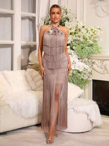 Nuevo vestido largo elegante y sexy con cuello colgante de flecos y lentejuelas, vestido formal para mujeres, invitadas de boda, fiestas navideñas y de vacaciones