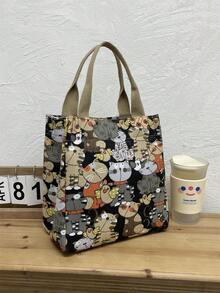 DLIU 1pc Thickened Fabric Cartoon Pattern Handbag, Lunch Bag, Bento Box Bag, Work Essentials Tote, Shopping Bag, Vintage Style, Suitable For Work, School, Daily Use, Commuting Lunch Box Cooler Bag Waterproof Large Capacity For Women For Men For Picnic For School Gifts For Women Back To School - Beige - View 2