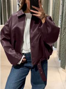 جاكيت جلدية قصيرة بومبر جديدة بطراز قديم، جاكيت كاجوال بسحاب وجيوب، جاكيت جلدية بقصة عادية، جاكيت شتوية للنساء - احمر خشبي - مشاهدة 5