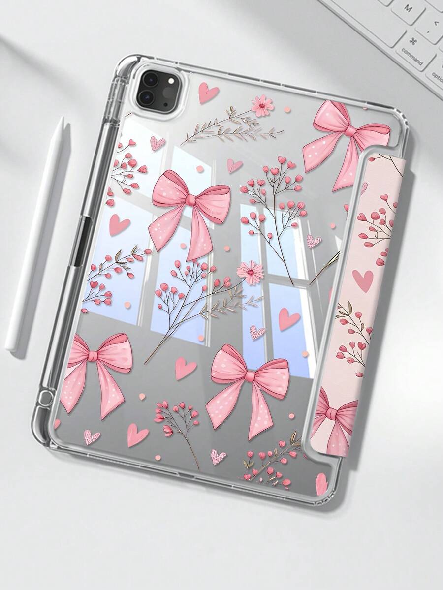 优雅可爱的卡通粉色花朵、草地、领结和字母双面亚克力透明水晶后盖，防震耐用，适用于 iPad 第 7、8 和 10 代（10.2 英寸）。内置笔槽，支持睡眠/唤醒功能和多种折叠支架模式。是 2026 年新年和圣诞节的理想礼物。 - 彩色 - 查看 1