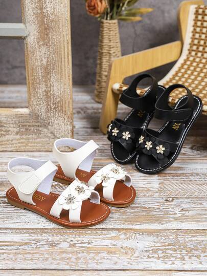 1 Pair Children's Summer Flat Sandals, PU Floral Decor Hook & Loop Closure Girls Beach Sandals, Suitable For Outdoor Wear
