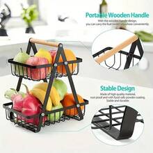1 Piece Of 3-Layer Metal Countertop Fruit Basket With Detachable Wooden Handle - A Sturdy Kitchen Storage Organizer For Fresh Produce, Bread, And Snacks - Perfect For Home And Kitchen Display, Kitchen Fruit Basket, Bread Box, Fruit Plate, Kitchen Fruit Basket - 黑色 - 查看 8