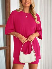 PRETTYGARDEN Women's Summer Clothes 2 Piece Sets Lounge Set Casual Oversized Shirts Biker Shorts Matching Airport Travel Sweatsuit Set Women Vacation Outfit Rose Red Summer Brunch Outfits For Women - 玫紅色 - 查看 5
