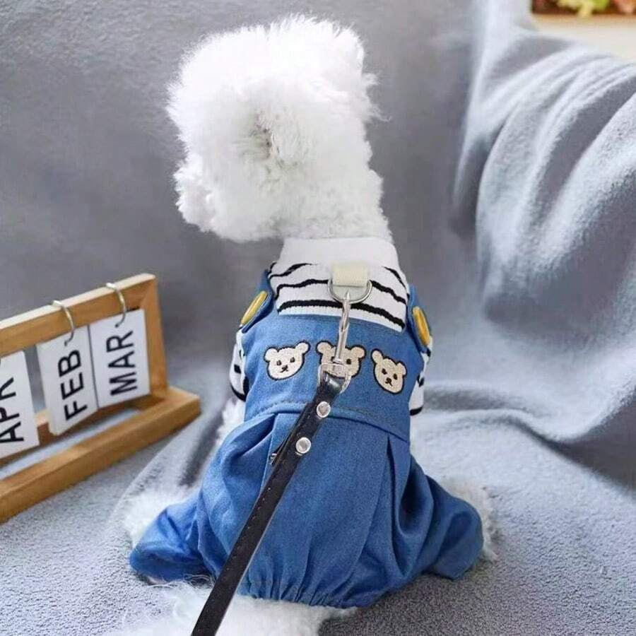1pc Pet Suspender Pants, Cute Bear Print Casual Jumpsuit Suitable For Teddy, Poodle, Corgi - Blue and White - View 1