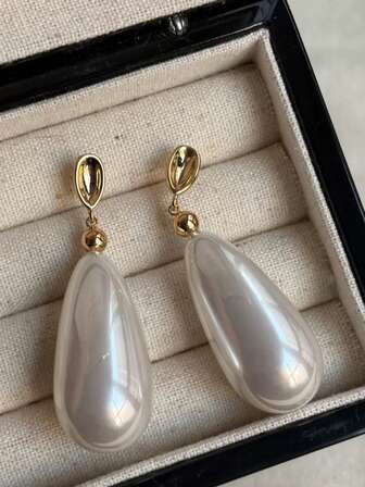 复古水滴形珍珠耳钉，简约优雅女士耳环，复古法式银针耳饰