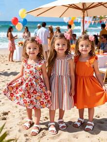 3pcs/Set Girls Floral Pattern + Striped Print + Solid Ribbed Ruffle Sleeve Square Neck Dress Set, Suitable For Casual, Outdoor, Beach, Holiday Wear In Summer, Great For Children And Girls - Nhiều màu - Xem 3